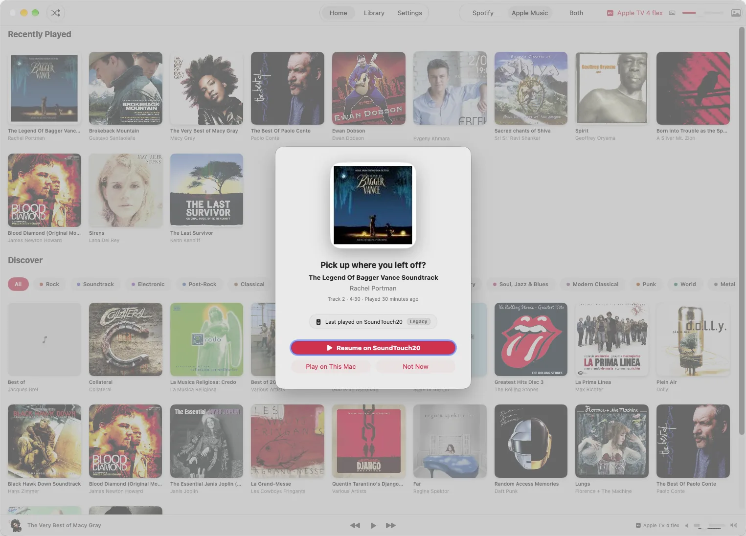 alSpot's Home on the Mac: Recently Played and Discover rows of album covers, with a card in the middle asking “Pick up where you left off?” and a button to resume on a SoundTouch speaker
