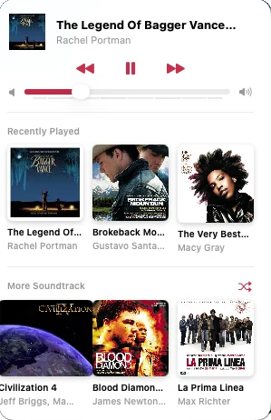 alSpot's menu bar panel: the album playing with play, pause, skip and volume, then three recently played albums and three more soundtracks