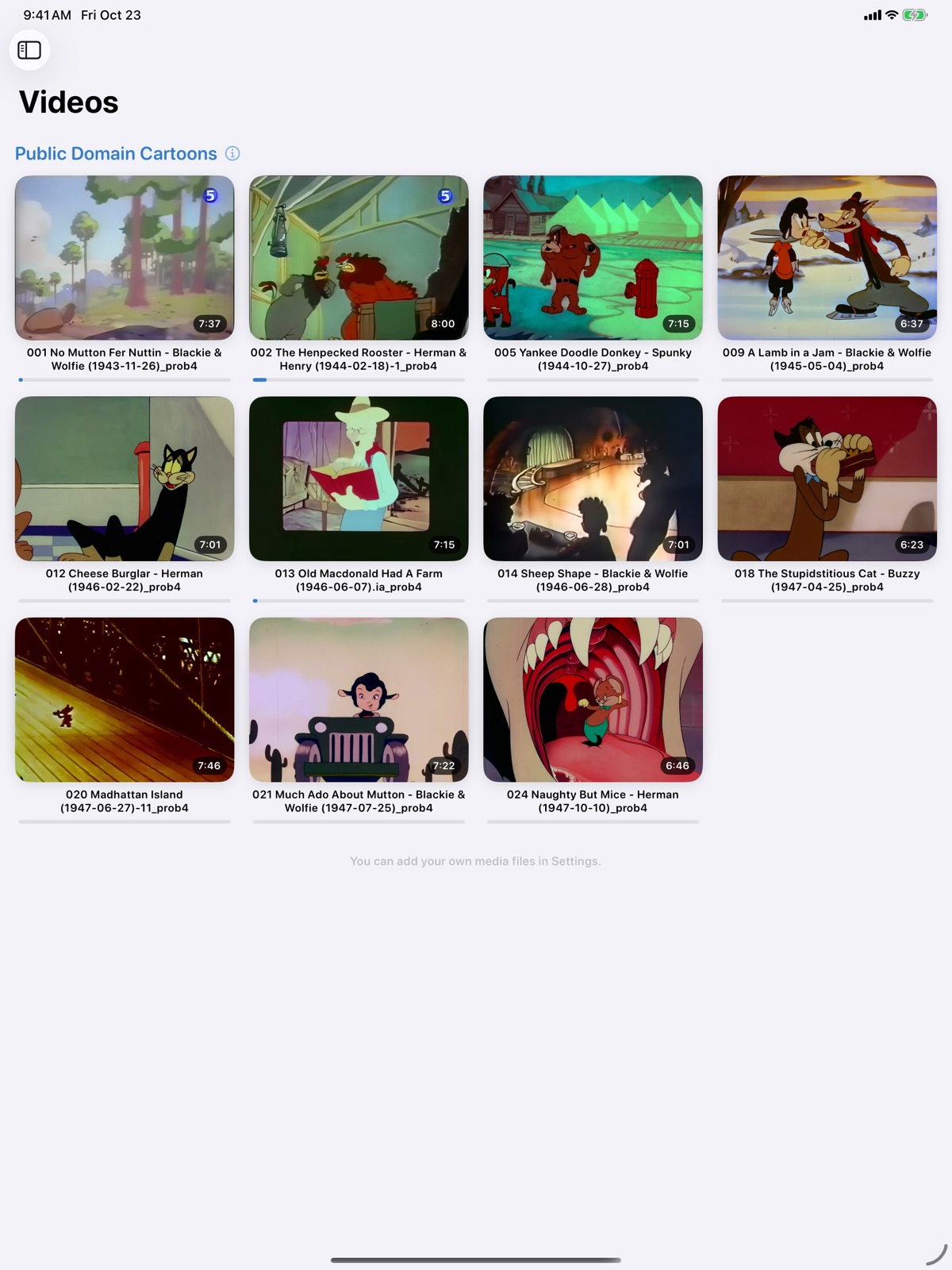The Captain Patch video library on an iPad: a grid of eleven 1940s public domain cartoons with colourful thumbnails, running times and progress bars.
