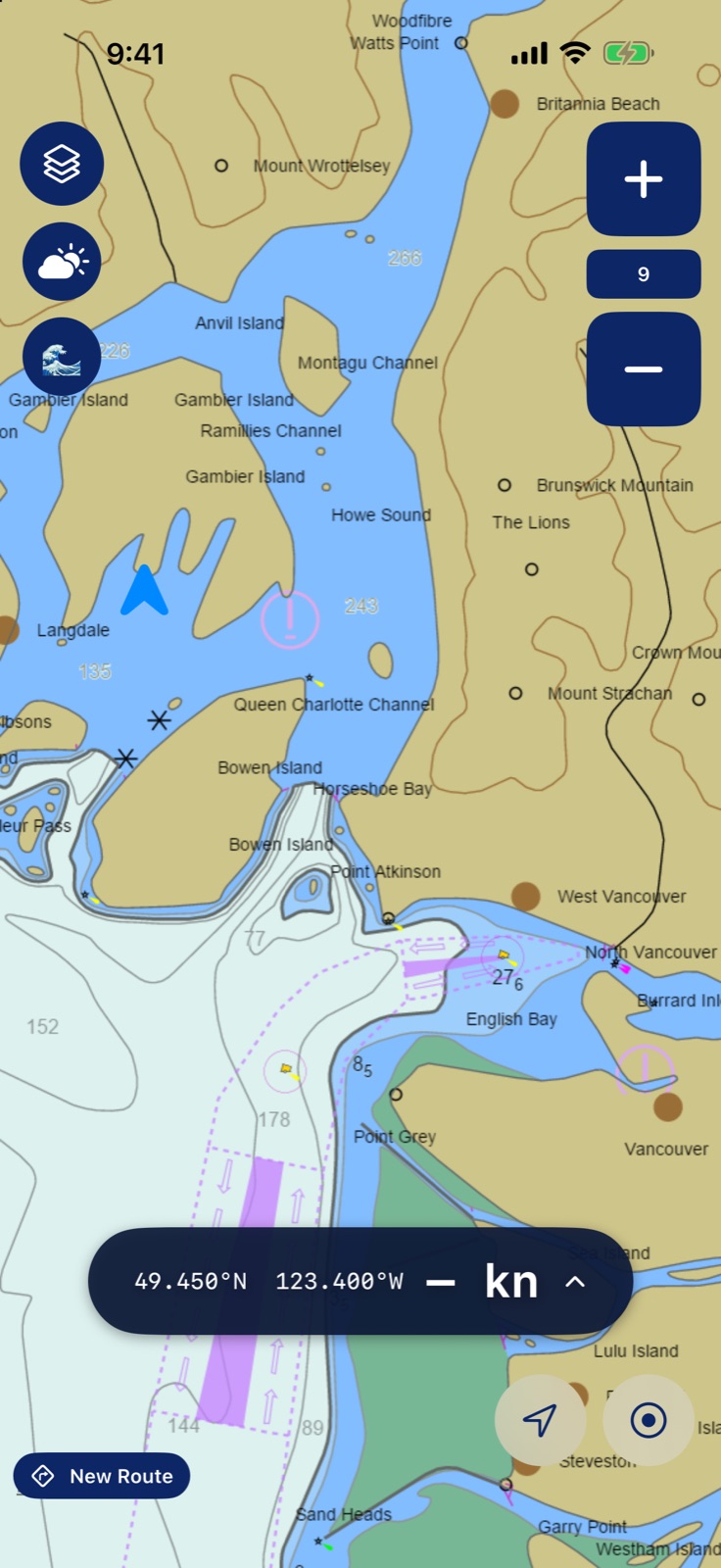 EasyNav on iPhone: a Canadian nautical chart of Howe Sound, Bowen Island and English Bay with depths, buoys and shipping lanes, the boat's blue arrow near Gambier Island, zoom buttons on the right and a position and speed bar at the bottom.